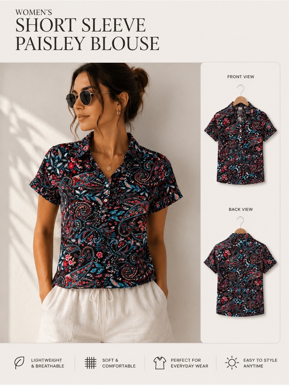 Short Sleeve Paisley Blouse - Women's Black Floral Top Size M
